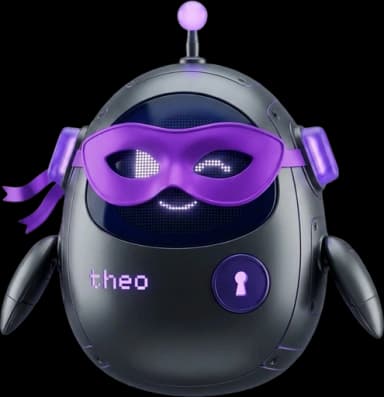 Theo Stealth, the metallic Theo in a violet domino mask